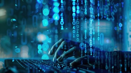 Poster - hands typing on computer keyboard, with abstract code, online cyber attack, hack, threats and breaches Network concept, cyber technology