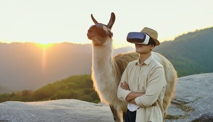 Ein Lama und ein Mann stehen mit Virtual Reality Brillen in den Bergen un genießen die Natur, Digitalisierung, Technik der Zukunft, witzig