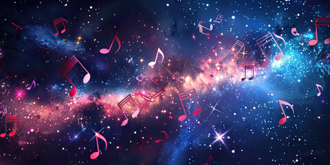 Wall Mural - Galactic Harmonies: Music Notes Floating in Space Amongst Stars and Nebulae.