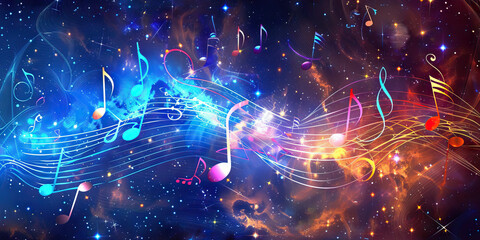 Wall Mural - Galactic Harmonies: Music Notes Floating in Space Amongst Stars and Nebulae.