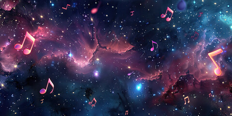 Wall Mural - Galactic Harmonies: Music Notes Floating in Space Amongst Stars and Nebulae.