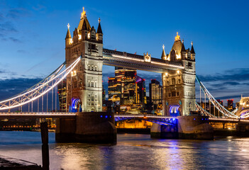 Canvas Print - Tower bridge with City of London skyscrapers at sunset, UK