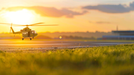 Wall Mural - Focused Frame with a Military Helicopter on a Busy Airfield
