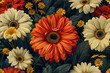 retro theme of gerberas flowers in retro colors, designed for wallpaper, with simple shapes and bold colors. --ar 3:2 --tile --stylize 750