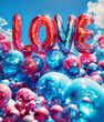 Word LOVE as pink air balloons. Colorful background with sunlight. In seventh heaven poster concept.