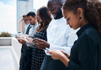 Aufkleber - Team, business and meeting with hand, device and outdoor, networking and website, agenda or email for planning of project. Staff, mobile and screen, internet or connection, schedule and company