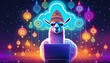 © SH Art Solutions - Ein Lama mit Hut sitzt am Computer und interagiert mit der Cloud dargestellt als 3D Hologramm. Neonlichter.
