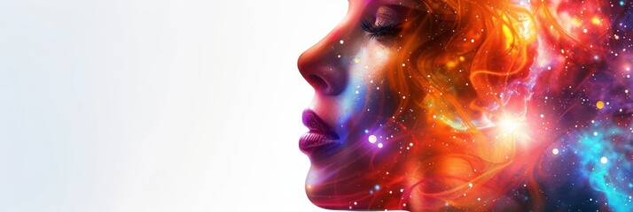 Wall Mural - A woman's face is painted with bright colors and stars by AI generated image