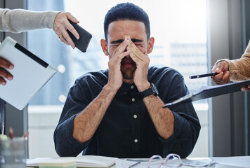 Aufkleber - Office, meeting and man with anxiety in headache for audit deadline, mental health and pressure. Financial advisor, stress and hands of employees with accounting task for crisis, problem and burnout