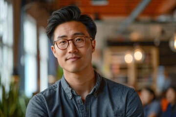 Wall Mural - A man with glasses is smiling at the camera. He is wearing a blue shirt and he is in a restaurant