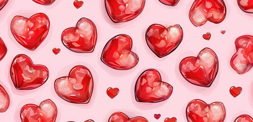 Wall Mural - A seamless pattern of red hearts on a pink background, designed for print and digital paper materials