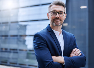 Aufkleber - Happy, mature businessman and portrait with crossed arms for pride and professional career outdoors in urban city. Smile, male person or ceo for confidence, ambition and dedication to law firm