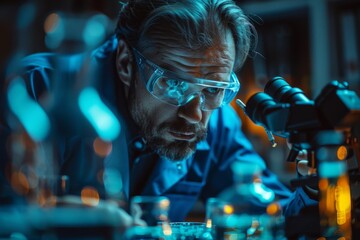 Poster - A scientist is partially visible, working with a microscope among other scientific equipment in a blue-lit lab setting