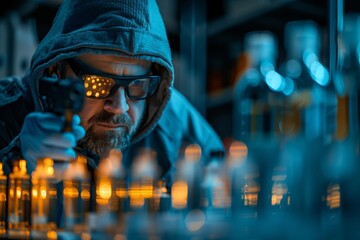 Poster - A scientist in protective gear scrutinizes vials in a laboratory, highlighting precision and scientific inquiry