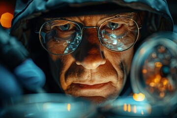 Poster - The image is blurred, with scientific or medical equipment barely visible, emanating a blue atmospheric light