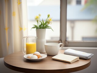 Poster - A minimalist still life image of a vase of flowers, a cup of coffee, and a plate of cookies on a round wooden table. The background is a blurred window with a sheer curtain.