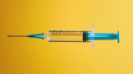 Wall Mural - Isolated, close view of a blue-needled syringe, placed neatly against a yellow background, detailed under studio lights