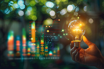 energy crisis, hand hold light bulb with energy resources icon and rising data chart