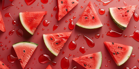 Wall Mural - Watermelon slices on a red background with water drops, in a top view. Background for summer food design and wallpaper.