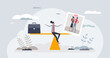 Work life balance as equal time for career and family tiny person concept. Scale with professional life and relationship values vector illustration. Lifestyle management on seesaw visualization.