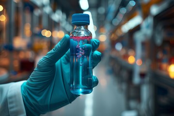 Poster - A scientist's hand in a glove holding a lab flask with a vibrant blue chemical inside, laboratory environment