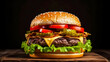 delicious burger with beef and cheese on a wooden tray on the table, food photo, food close-up