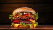 delicious burger with beef and cheese on a wooden tray on the table, food photo, food close-up