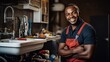 © Photolife   - portrait of a smiling afro american plumber in overalls uniform looking at the camera while in the bathroom near the sink