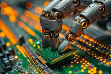Poster - A futuristic robot arm precisely manipulates a computer circuit board, showcasing advanced technology and automation
