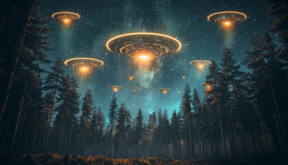 Wall Mural - A group of alien spaceships are flying through a forest at night by AI generated image
