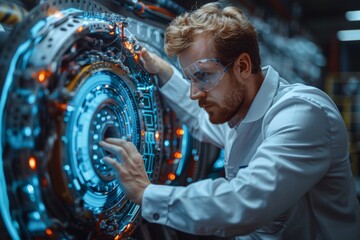 Poster - A male figure is engaging with an advanced, glowing technological interface, indicative of sci-fi themes