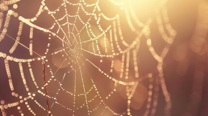 Close up of a spider web covered in dew droplets, showcasing intricate patterns and textures.