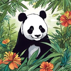 Canvas Print - AI generated illustration of pandas in harmony with nature