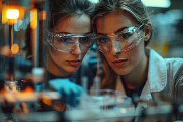 Poster - Twin female scientists examine samples closely in a laboratory with protective eyewear and equipment