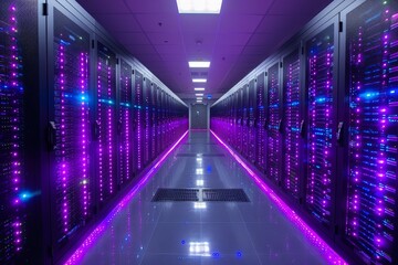 Sticker - An aisle in a data center with server racks glowing in technologically advanced purple lighting