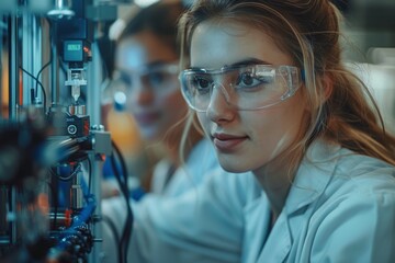 Poster - A young scientist carefully analyzes equipment in a laboratory setting, epitomizing precision and expertise