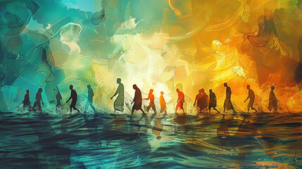 Wall Mural - Disciples Walking on Water Scene, Pentecost a Christian holiday, the descent of the Holy Spirit.