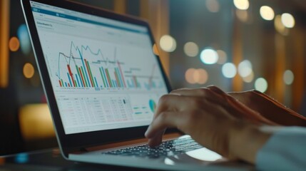 Poster - A close-up of a laptop screen displaying a line graph, with hands typing data into a spreadsheet, highlighting financial analysis.