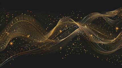 Wall Mural - Abstract Golden Wave. Shiny gold line design element with sparkling effect on dark background