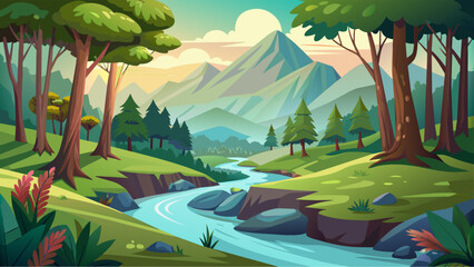 Wall Mural - A beautiful landscape with a river running through it. The trees are green and the sky is blue