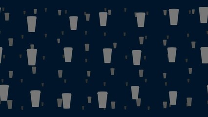 Poster - Paper coffee cups float horizontally from left to right. Parallax fly effect. Floating symbols are located randomly. Seamless looped 4k animation on dark blue background