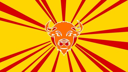Poster - Buffalo logo on the background of animation from moving rays of the sun. Large orange symbol increases slightly. Seamless looped 4k animation on yellow background