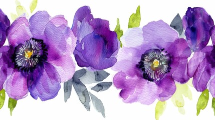 Wall Mural - A line of purple flowers with green leaves. The flowers are painted in watercolor and arranged in a row. Scene is serene and calming, as the flowers are depicted in a natural setting