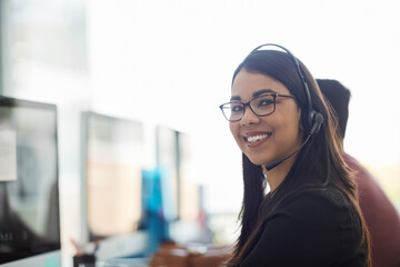 Aufkleber - Call center, portrait and happy woman in office consulting for insurance, faq or contact us, crm or b2b networking. Outsourcing, telecom and consultant with virtual assistant team for legal advice
