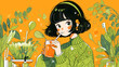 Young girl holding orange juice, black hair, happy atmosphere, close-up of upper body with orange juice, a few green decorations in the foreground, light-toned floral textures in the background, light