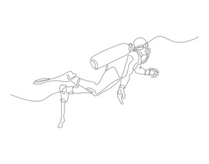 Continuous one line drawing of scuba diver diving in underwater. One line drawing illustration of scuba diver. Diving sport concept continuous line art. Editable outline.