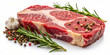 A fresh, raw beef steak is prominently displayed, marbled with fat, accompanied by rosemary sprigs, a garlic bulb and a mixture of whole peppercorns, against a distinct white background.AI generated.