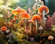 A cluster of red mushrooms in a sunlit forest