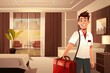A man standing with a suitcase in a hotel room. Suitable for travel and business concepts