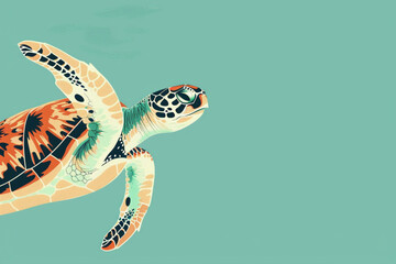 Small sea turtle underwater in the ocean. Aqua green background. Simple flat illustration.